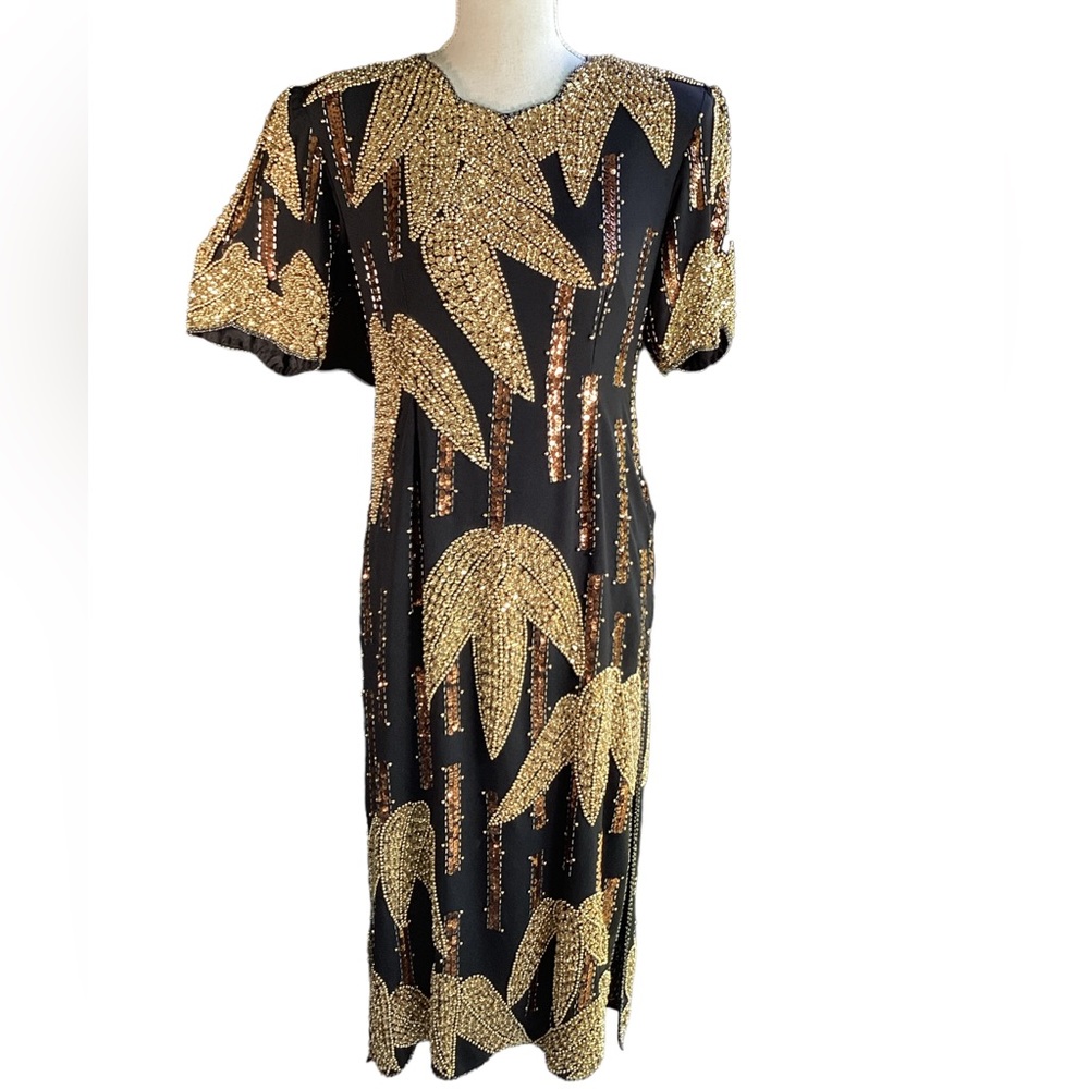 Vintage 1980 Bamboo Design Silk Sequin Party Dress. B27